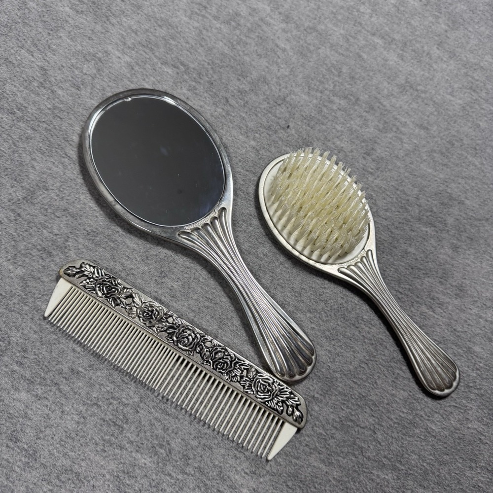 VTG 3 piece Dresser Vanity Set Silver Plated Mirror, Brush and Comb (heavy)